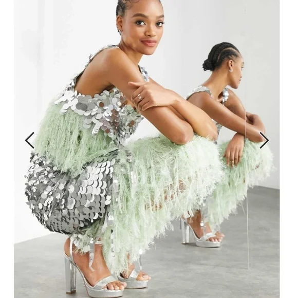 ASOS EDITION paillette sequin mermaid Skirt silver green 6 - Picture 2 of 8